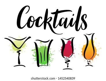 Vector poster Cocktails with hand drawn text and glasses of summer drinks on white background. Cute template with summer cocktails Margarita, Martini, Mojito, Tequila Sunrise with typography lettering