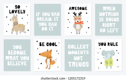 Vector poster collection with cartoon cute animal and funny slogan in scandinavian style for kids. Perfect for baby shower, postcard, label, brochure, flyer, page, banner design.