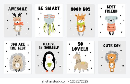 Vector poster collection with cartoon cute animal and funny slogan in scandinavian style for kids. Perfect for baby shower, postcard, label, brochure, flyer, page, banner design.
