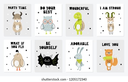 Vector poster collection with cartoon cute animal and funny slogan in scandinavian style for kids. Perfect for baby shower, postcard, label, brochure, flyer, page, banner design.