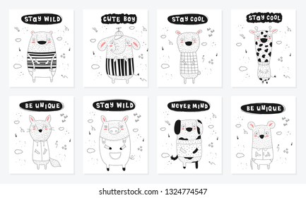 Vector poster collection with cartoon funny animals and hipster slogan. Hand drawn graphic zoo. Perfect for baby shower, postcard, label, brochure, flyer, page, banner design, shirt print.