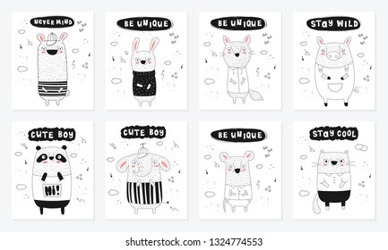 Vector poster collection with cartoon funny animals and hipster slogan. Hand drawn graphic zoo. Perfect for baby shower, postcard, label, brochure, flyer, page, banner design, shirt print.