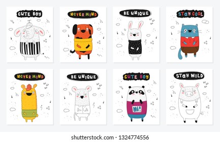 Vector poster collection with cartoon funny animals and hipster slogan. Hand drawn graphic zoo. Perfect for baby shower, postcard, label, brochure, flyer, page, banner design, shirt print.