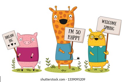 Vector poster collection with cartoon funny animals. Perfect for baby shower, postcard, label, brochure, flyer, page, banner design, shirt print.