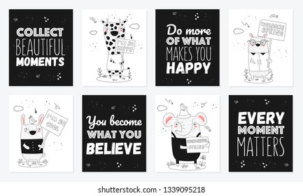 Vector poster collection with cartoon funny animals. Perfect for baby shower, postcard, label, brochure, flyer, page, banner design, shirt print.