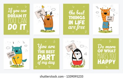 Vector poster collection with cartoon funny animals. Perfect for baby shower, postcard, label, brochure, flyer, page, banner design, shirt print.