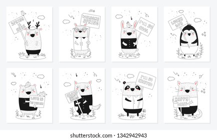 Vector poster collection with cartoon funny animals with a transparencies. Perfect for baby shower, postcard, label, brochure, flyer, page, banner design, shirt print. 