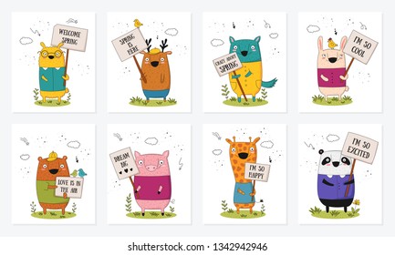 Vector poster collection with cartoon funny animals with a transparencies. Perfect for baby shower, postcard, label, brochure, flyer, page, banner design, shirt print.