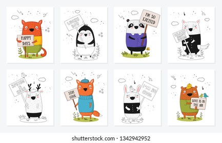 Vector poster collection with cartoon funny animals with a transparencies. Perfect for baby shower, postcard, label, brochure, flyer, page, banner design, shirt print.