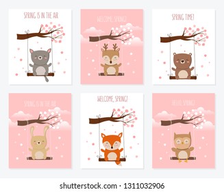Vector poster collection with cute animals and spring slogan. Perfect for baby shower, postcard, label, brochure, flyer, page, banner design. Spring holidays