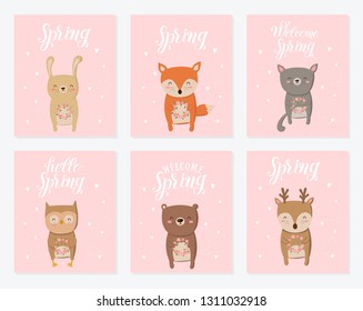 Vector poster collection with cute animals and spring slogan. Perfect for baby shower, postcard, label, brochure, flyer, page, banner design. Spring holidays