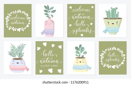 Vector poster collection with cute house plant in flower pot with scarf. Valentine's day, anniversary, autumn fest, Thanksgiving, baby shower, birthday