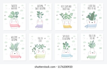Vector poster collection with cute house plant in flower pot with scarf. Valentine's day, anniversary, autumn fest, Thanksgiving, baby shower, birthday