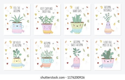 Vector poster collection with cute house plant in flower pot with scarf. Valentine's day, anniversary, autumn fest, Thanksgiving, baby shower, birthday