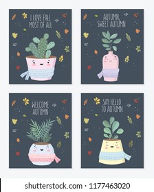 Vector poster collection with cute house plant in flower pot with scarf. Valentine's day, anniversary, autumn fest, Thanksgiving, baby shower, birthday
