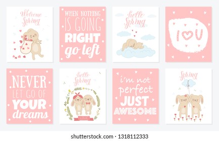 Vector poster collection with cute rabbits and spring slogan. Perfect for baby shower, postcard, label, brochure, flyer, page, banner design. Spring holidays, Woman’s day, Easter, Valentine’s