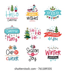 Vector poster collection with phrase, Santa and decor elements. Typography card, color image. Merry Christmas. Design for t-shirt and prints.