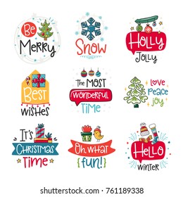 Vector poster collection with phrase, Santa and decor elements. Typography card, color image. Merry Christmas. Design for t-shirt and prints.