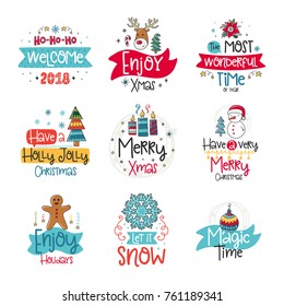 Vector poster collection with phrase, Santa and decor elements. Typography card, color image. Merry Christmas. Design for t-shirt and prints.