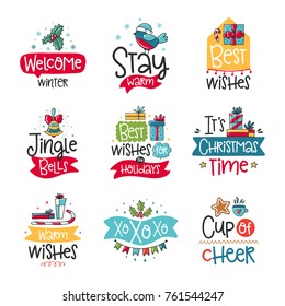 Vector poster collection with phrase, Santa and decor elements. Typography card, color image. Merry Christmas. Design for t-shirt and prints.