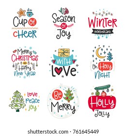 Vector poster collection with phrase, Santa and decor elements. Typography card, color image. Merry Christmas. Design for t-shirt and prints.