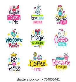 Vector poster collection with phrases and decor elements. Typography card, color image. Design for t-shirt and prints.