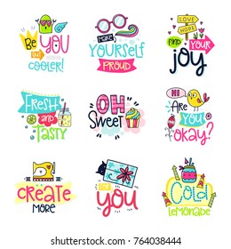 Vector poster collection with phrases and decor elements. Typography card, color image. Design for t-shirt and prints.