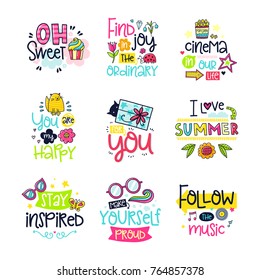 Vector poster collection with phrases and decor elements. Typography card, color image. Design for t-shirt and prints.