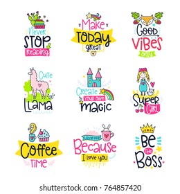 Vector poster collection with phrases and decor elements. Typography card, color image. Design for t-shirt and prints.
