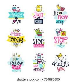 Vector poster collection with phrases and decor elements. Typography card, color image. Design for t-shirt and prints.