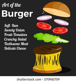 Vector Poster Of Colorful Burger In 3D Classic American Vintage Style. Perfect For Restaurant Menu Design