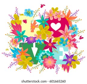 Vector poster with colorful flowers and text Love. Vintage postcard with flowers and letters