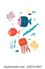 Vector poster with colorful tropical sea fish and octopus in the Scandinavian style on a white background. Children's vector illustration for pajamas