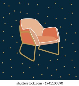 Vector poster of a comfortable chair. Fashionable Scandinavian chair with gold legs. Poster of insulated furniture on dark in a circle of golden dots. Decor for a cafe or interior. Vector illustration