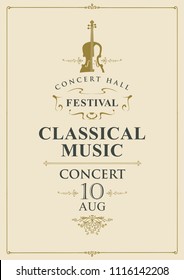 Vector poster for a concert of classical music in vintage style with violin