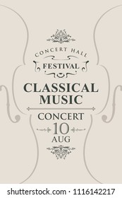 Vector poster for a concert of classical music in vintage style with violins