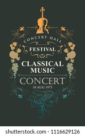 Vector poster for a concert of classical music with place for text, vignette and violin in vintage style on black background