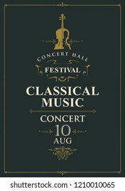 Vector poster for a concert of classical music in vintage style with violin on the black baclground