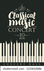 Vector poster for a concert of classical music with calligraphic inscription and piano keys in retro style on black background. White keys in the form of silhouettes of roofs of old houses