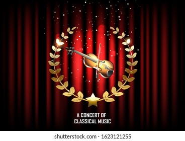 Vector poster for a concert of classical music with violin on the background of a red curtain