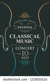 Vector poster for a concert or festival of classical music in vintage style with violins on the black background