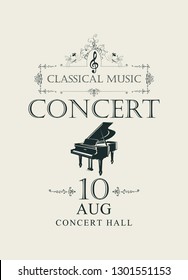 Vector poster for concert or festival of classical music in vintage style with grand piano