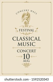 Vector poster for concert or festival of classical music with drawing of angel sculpture on a light background in retro style. Suitable for playbill, flyer, invitation and other promotional materials