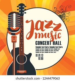 Cartel vectorial de un concierto de jazz con guitarra acústica y micrófono en el fondo de color con lugar para texto