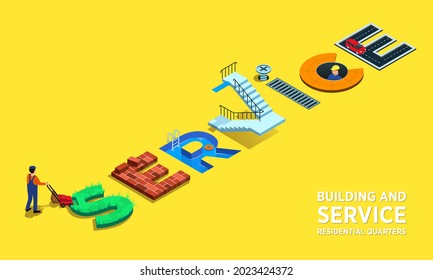 Vector Poster Of A Construction Company. Maintenance And Repair Of Residential Premises. Lawn Mowing Services, Building Construction, Pool Maintenance, Sewer Cleaning, Free Parking. Landing Page 