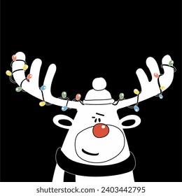 afiche vectorial genial y ciervo navideño divertido. afiche digital de la fiesta de los holliday, concierto o portada del festival o tarjeta de saludo. puede agregar el texto