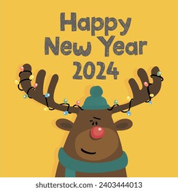 vector poster cool and Funny Christmas deer. digital poster with congratulations for holliday party poster concert or festival cover or greeting card