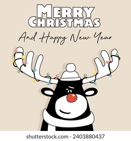 vector poster cool and Funny Christmas deer. digital poster with congratulations for holliday party poster concert or festival cover or greeting card