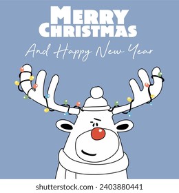 vector poster cool and Funny Christmas deer. digital poster with congratulations for holliday party poster concert or festival cover or greeting card