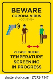 Vector Poster: Corona Virus (COVID-19), Please Queue, Temperature Screening In Progress